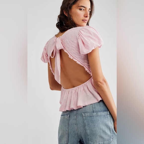 Free People NWT Charlotte Sugar Spoonful Pink Open Back Blouse Crop Top - Size S - Picture 3 of 11